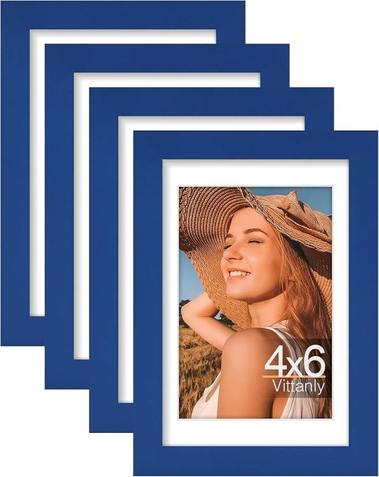 Vittanly 4x6 Picture Frames Set of 4, Display Pictures 3.5x5 with Mat or 4x6 without Mat, Small Photo Frames for Wall or Tabletop Display, Engineered Wood with Shatter Resistant Plexiglass, Royal Blue