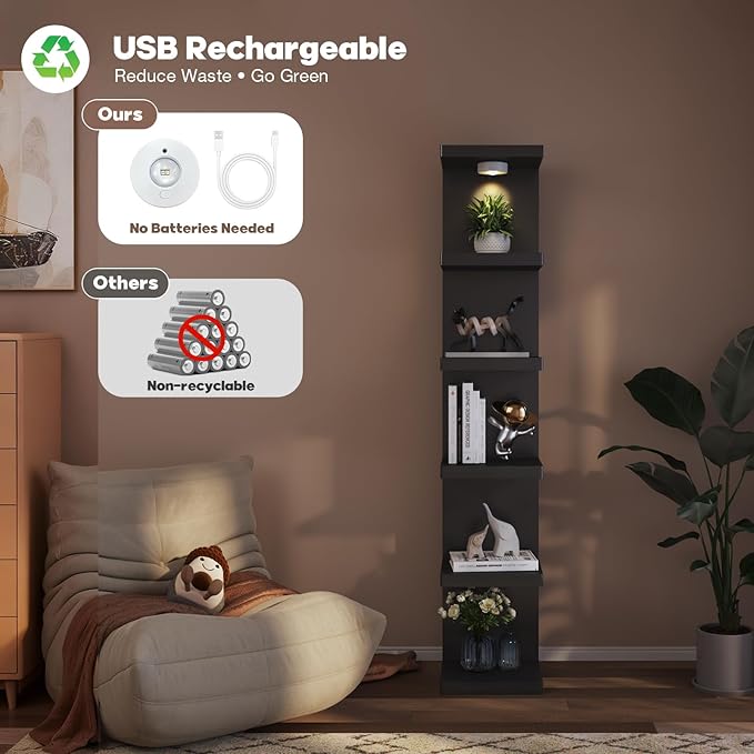 6-Tier Wall Shelf Unit with USB Rechargeable Led Light (Remote Controlled),Versatile Floating Display Shelves,Lack Style Wall Shelves for Bedroom,Living Room,Office Decor,Vanity-Black
