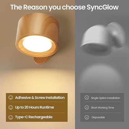 Wall Mounted Lamp LED Wall Lights with Rechargeable Battery Operated, 3 Color Temperatures & 3 Brightness Levels 360°Rotate Magnetic Ball, Cordless Sconces for Bedroom Reading Bedside,Wood-2 Pack
