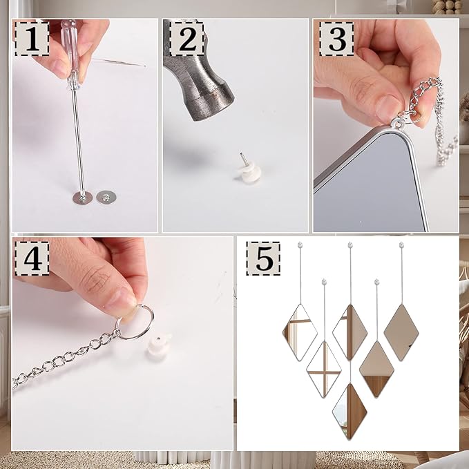 6 Pack Mirror Wall Decor Set with 2 Screwdriver Diamond Hanging Wall Mirror with Chain Silver Frame Decorative Chain Mirror for Home Living Room Entryways Bathroom Farmhouse Wall Decor, 10.8x6.7inches