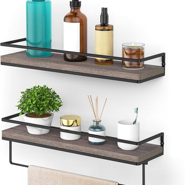 Meangood Floating Shelves Wall Mounted, Wall Shelf with Towel Bar Rustic Wood Wall Storage Shelves for Bedroom,Living Room,Bathroom, Kitchen (Set of 2/Brown)