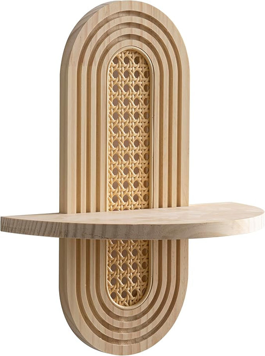 Wooden Arched Floating Shelf - Boho Decor Wall-Mouted Shelves Book Display Rattan Shelf for Bedroom Living Room Bathroom Nursery Home Office 14.5" x 11.6"