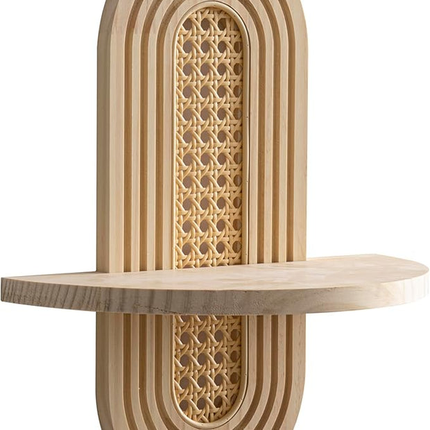 Wooden Arched Floating Shelf - Boho Decor Wall-Mouted Shelves Book Display Rattan Shelf for Bedroom Living Room Bathroom Nursery Home Office 14.5" x 11.6"