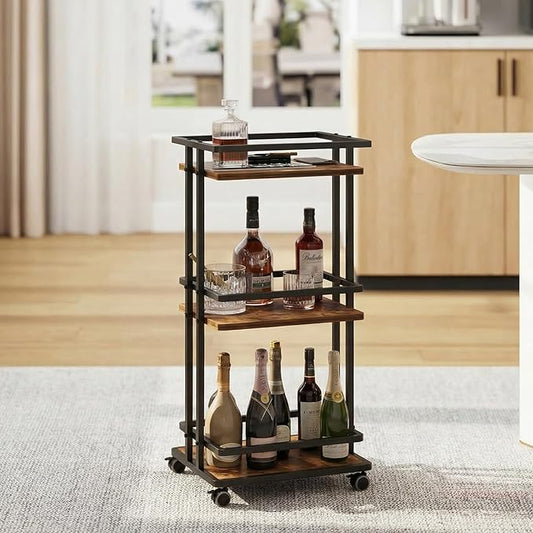 Bar Carts for the Home with Wheels, 3 Tier Beverage Bar Cart with Storage Shelves, Coffee Bar Cabinet for Your Home Entertainment