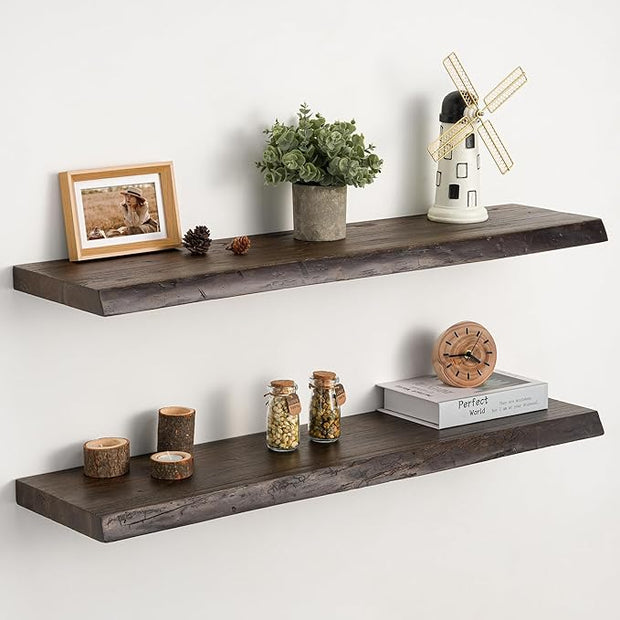 Floating Shelves Set of 2, Solid Elm Wood Wall Shelves 32 Inch - Invisible Bracket Mount for Living Room, Bedroom, Kitchen, Bathroom - Natural