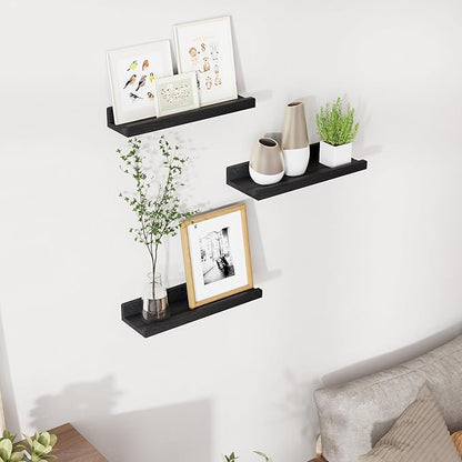 Floating Shelves for Wall, 16 inch Solid Wood Picture Ledge Shelf for Wall Storage, Nursery Book Shelves with Lip for Living Room Bathroom Bedroom Kitchen, Set of 3, Distressed Black