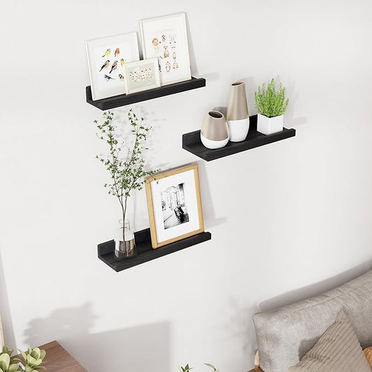 Floating Shelves for Wall, 16 inch Solid Wood Picture Ledge Shelf for Wall Storage, Nursery Book Shelves with Lip for Living Room Bathroom Bedroom Kitchen, Set of 3, Distressed Black