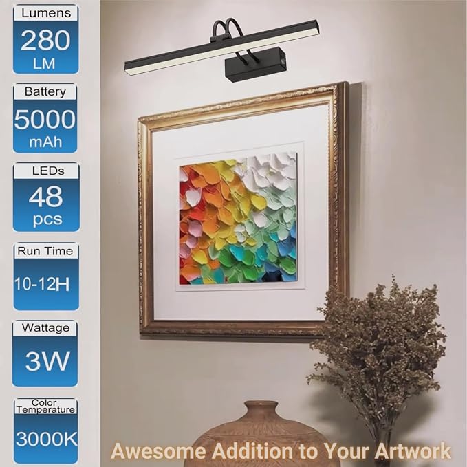 FUNCHDAY Picture Light Rechargeable, Wireless Picture Lights for Wall with Remote, 280LM Dimmable Timer Set Gallery Light, 13inch Metal Battery Operated Art Lighting for Paintings,Frame (Black)