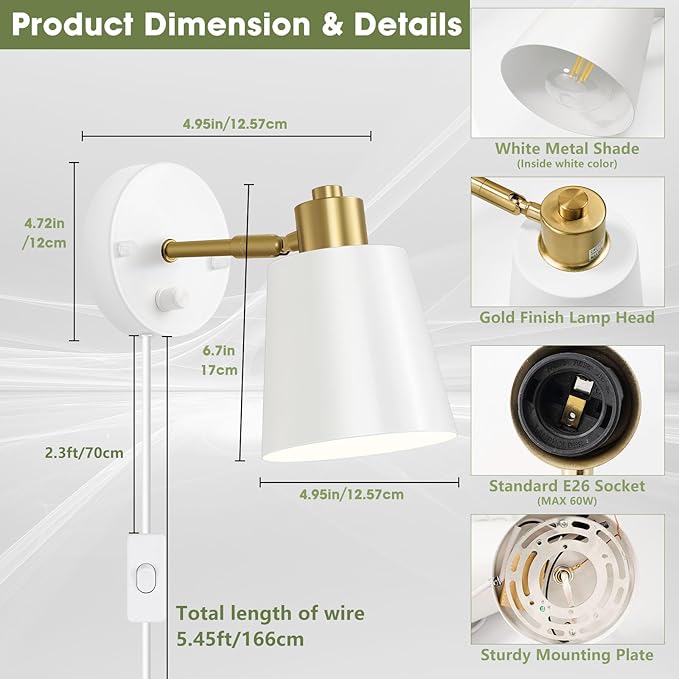 Dimmable Wall Sconces Set of 2, Adjustable Angle Wall Lights with Plug in Cord and Dimmer On/Off Knob Switch, Hardwired Indoor White Wall Lamp for Bedside Bedroom Bathroom (2 Bulbs Included)