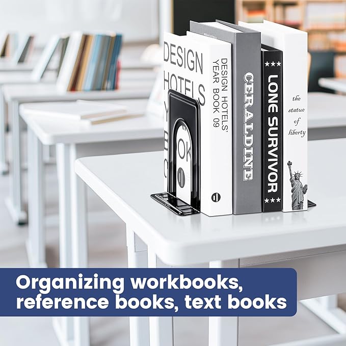 HappyHapi Book Ends, Non-Skid Metal Bookend Supports for Shelves, Heavy Duty Book End, Office Book Stopper, 6 x 5 x 6 Inches, 14 Pieces / 7 Pairs (Black)