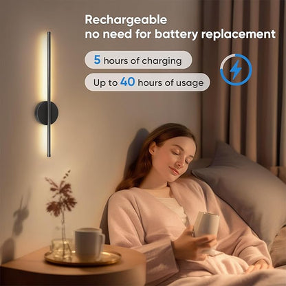 Battery Operated Wall Sconces, Wireless Rechargeable Wall Sconces Black with Remote Control Dimmable, Cordless Wall Light Decor for Living Room, Bathroom, Hallway, Timing, 24 Inch 1 Pack