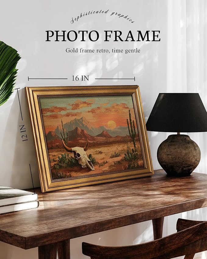 VIYYIEA Gold Small Framed Canvas Art, Vintage Western Desert Landscape Art Prints,12x16Inch, Retro Southwest Cowboy Bull Skull Decor for Home Bedroom Living Room Office Shelf, Cozy Brown Decor