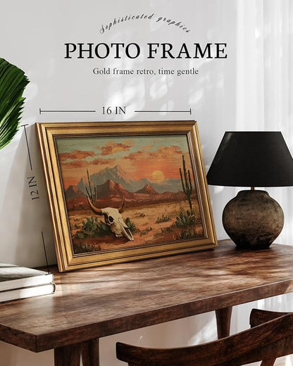 VIYYIEA Gold Small Framed Canvas Art, Vintage Western Desert Landscape Art Prints,12x16Inch, Retro Southwest Cowboy Bull Skull Decor for Home Bedroom Living Room Office Shelf, Cozy Brown Decor