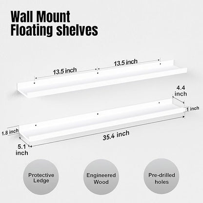 36 Inches Long Floating Shelves Wall Mounted,2 Set Modern White Shelf for Bedroom,Nursery Book with Lip,Picture Ledge Decor Living Room Bathroom Kitchen-White,35.4 In