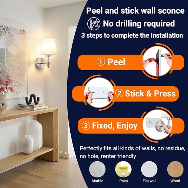 Peel and Stick Wall Sconces, No Drilling Stick On Wall Sconce, Wireless Battery Operated Wall Lights, Adhesive Wall Lamp with 10000mAh Battery Bulb for Bedroom Living Room Decor