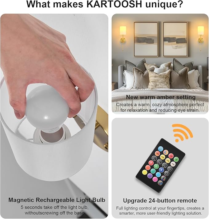 Battery Operated Wall Sconces Set of Two,Wireless Rechargeable Wall Light With Remote Control, Dimmable, Amber Light/Warm White/Natural White/Daylight/RGB, Timer,for Living Room,Bedroom,Entryway,Gold