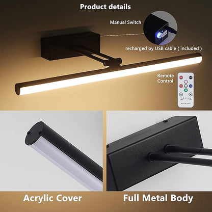 Black Picture Light, Battery Operated Painting Lighting with Remote,16 inch Led Art Lamp, Wirelless Wall Lamp,Rechargeable Picture Frame Light,Cordless Gallery Light