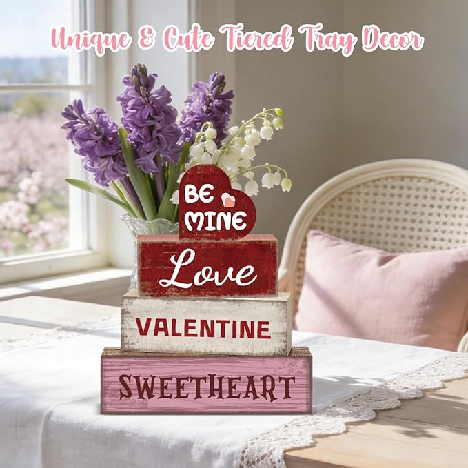 4 Pcs Pink Valentines Day Decorations for Home Happy Valentines Day Tier Tray Decor Love Valentine Sweetheart Sign Farmhouse Decorations for Home Office Tabletop Centerpieces