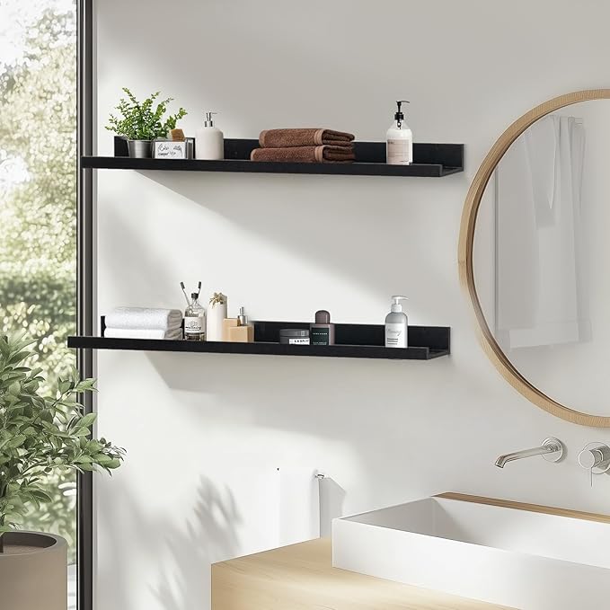 Muzilife 55" Large Floating Wall Ledge Shelves with Lip - Set of 2 Wood Floating Shelves - Black Wall Mounted Picture Ledge for Office, Bathroom, Bedroom, Living Room, Kitchen