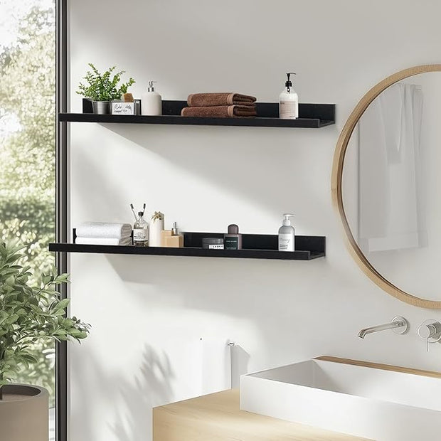 Muzilife 55" Large Floating Wall Ledge Shelves with Lip - Set of 2 Wood Floating Shelves - Black Wall Mounted Picture Ledge for Office, Bathroom, Bedroom, Living Room, Kitchen