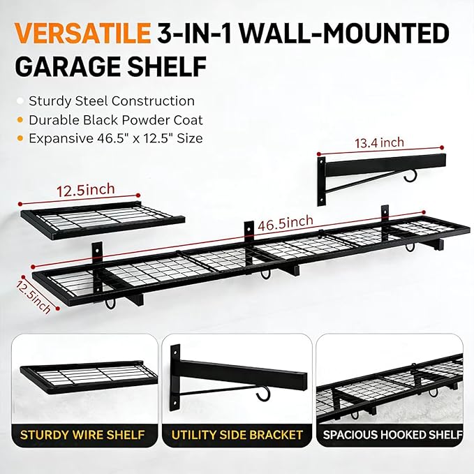 2 Pack Garage Wall Shelves, Heavy Duty Wall Mounted Shelving, 46”x12.5” Floating Shelf, 8 Hooks–Industrial Storage System with Reinforced Steel Powder-Coated Finish, 380lbs Capacity for Shop, Basement