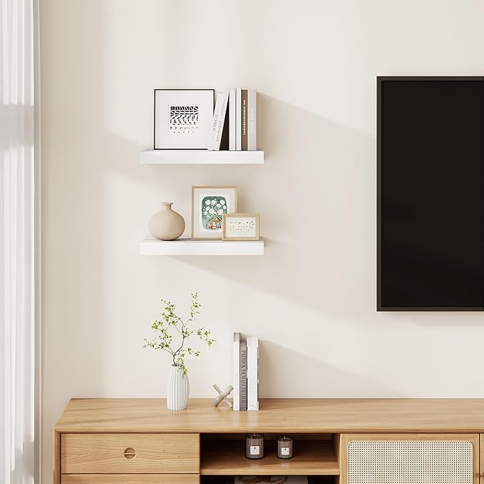 Floating Shelves for Wall, Real Wood Floating Shelf Set of 2, 8 Inch Deep Floating Shelves, Rustic Wood Wall Shelf for Home Decor, Deep Storage Shelves for Bathroom, Kitchen, 16