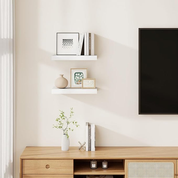 Floating Shelves for Wall, Real Wood Floating Shelf Set of 2, 8 Inch Deep Floating Shelves, Rustic Wood Wall Shelf for Home Decor, Deep Storage Shelves for Bathroom, Kitchen, 16"W x 8"D, White Color