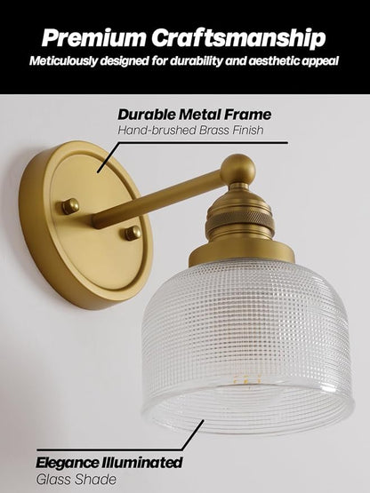 Gold Wall Sconces,Vintage Bathroom Vanity Light with Hand-Blowing Clear Glass Minimalist Brass Wall Sconce Light for Bathroom Mirror Living Room Bedroom Kitchen E26 Hardwire Indoor