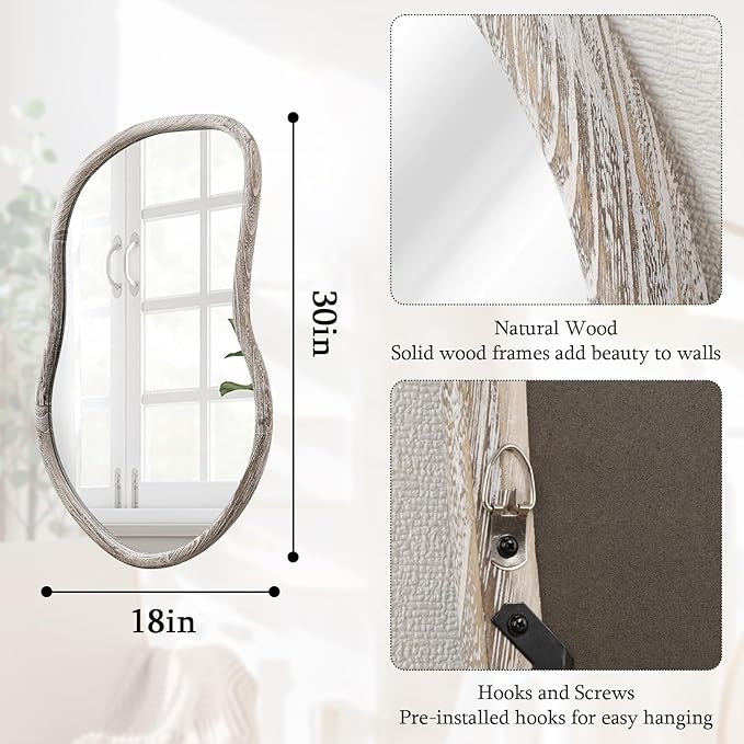 Asymmetrical Mirror Irregular Wall Mirror Farmhouse Wood Asymmetrical Mirrors for Wall Unique Art Mirrors for Bathroom Entryway Bedroom Living Room Rustic White