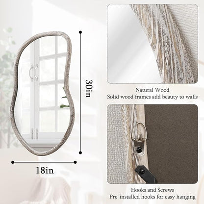 Asymmetrical Mirror Irregular Wall Mirror Farmhouse Wood Asymmetrical Mirrors for Wall Unique Art Mirrors for Bathroom Entryway Bedroom Living Room Rustic White