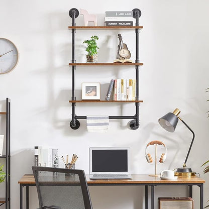 IBUYKE Industrial Pipe Shelf,40.5 inches Wall Mount Bookcase,3-Tier Wall Shelf with Towel Bar,Rustic Iron Pipe Floating Shelvesfor Bedroom,Kitchen,Living Room,Bathroom URF-TM015