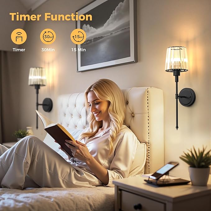 DORESshop Battery Operated Wall Sconce Set of 2, Wireless Wall Light, 15 Color Rechargeable Wall Sconces, Sconce Wall Decor Set of 2 for Bedroom, Living Room, Black and Crystal, 24.6in