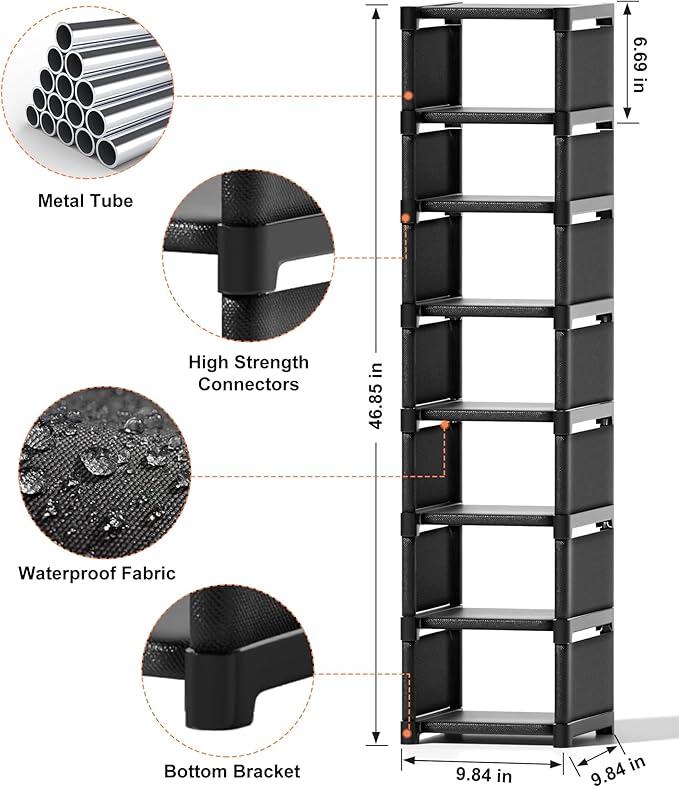 Narrow Shoe Rack 8 Tier, Slim Vertical Shoe Organizer for Small Spaces, Stackable Shoe Storage Shelf with Metal Frame & Fabric Shelves, Shoe Rack for Closet Entryway Bedroom