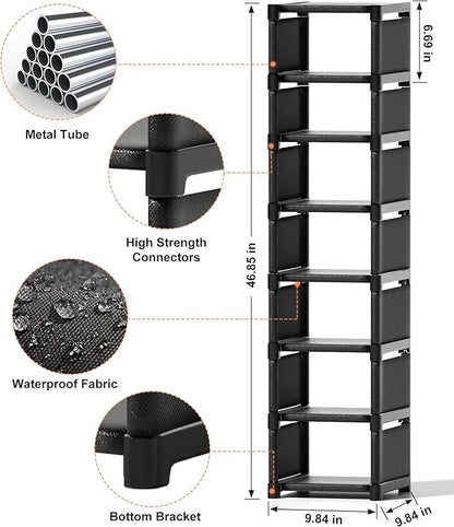 Narrow Shoe Rack 8 Tier, Slim Vertical Shoe Organizer for Small Spaces, Stackable Shoe Storage Shelf with Metal Frame & Fabric Shelves, Shoe Rack for Closet Entryway Bedroom
