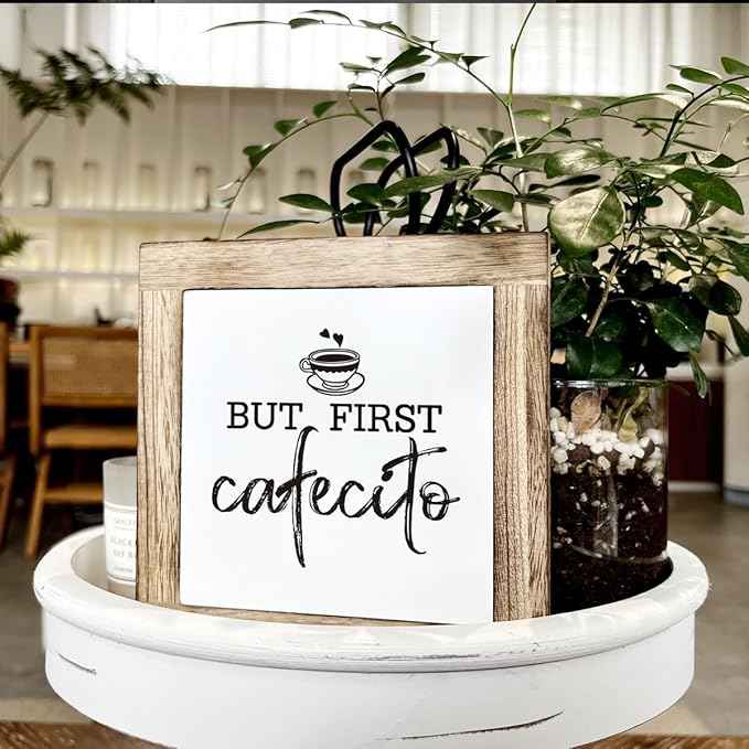 But First Cafecito Sign - Wooden Coffee Decor for Home & Office, Funny for Coffee Lovers