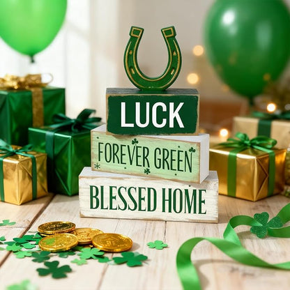 St. Patrick’s Day Decorations - St Patrick Day Lucky Horseshoe Tiered Tray Decor Set - Wooden Tabletop Decoration - Rustic Farmhouse Holiday Home Decor for Indoor Shelf Mantel Coffee Table Gift