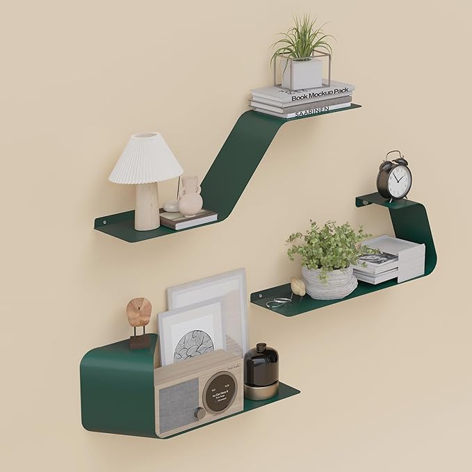 Floating Shelves, Wall Shelf, Set of 3 Mounted Metal Shelves with Unique Design for Wall Storage, Book Shelf, Display Shelves for Bathroom Bedroom Kitchen Living Room for Home Green