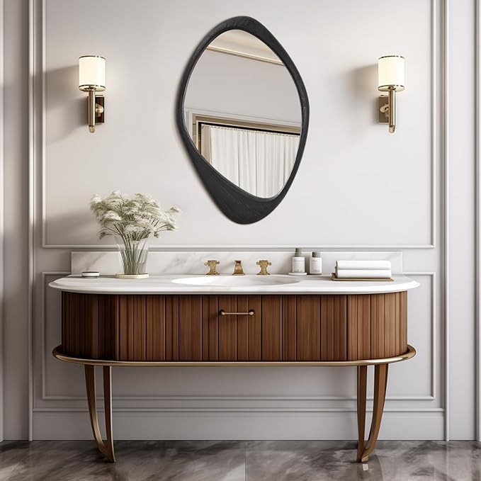 AAZZKANG Black Mirror with Wood Frame Large Irregular Wall Mounted Mirrors Asymmetrical Decorativefor Bathroom Bedroom Living Room Entryway 24"x16"