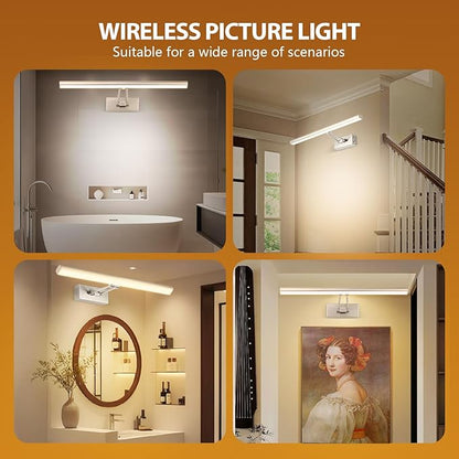 Picture Light, 16 inches Art Light, Picture Light Battery Operated,3CCT Picture Lights for Wall,Battery Operated Wall Lights,Gallery Light for Wall,Photo,Library (Satin Nickel)