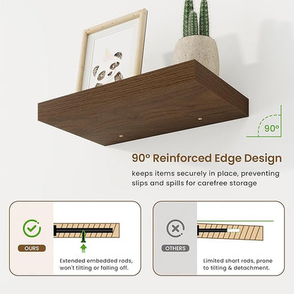 16in Floating Shelves for Wall, 16"W x 9.25"D x 1.25"H, 2 Pack Long Wall Mounted Engineered Wood Shelves with Invisible Brackets for Living Room, Bedroom, Bathroom, Kitchen Decor and Storage, Walnut