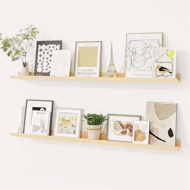 Picture Ledge Shelf, Floating Shelves Set of 2, 40 Inches Solid Wood Nursery Book Shelves for Toys Storage, Kids Bookshelf Wall Mounted for Living Room Decor Books Photo Frames, Unfinished Natural