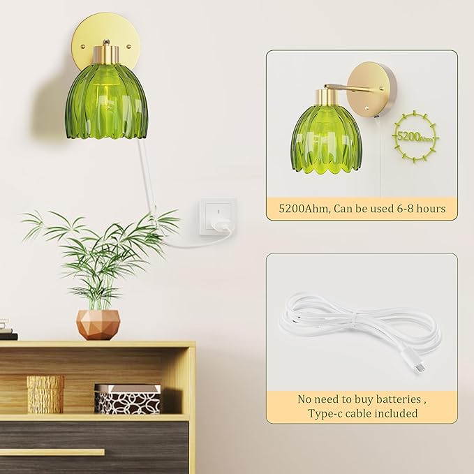 Wall Sconces Set of 2 Battery Operated | Tulip Glass Wall Lamps Rechargeable 5200mAh Wireless Wall Sconce Dimmable for Bedroom Living Room Hallway, Elegant Green Tulip Lampshade Wall Decor