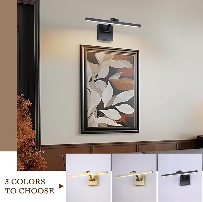 Black 15.7 Inch LED Dimmable Lights For Pictures On Wall Hard Wired Gallery Light Modern Artwork Wall Lamps, Warm White Picture Lights with Single Swing Arm Art Display Light For Paintings Portrait