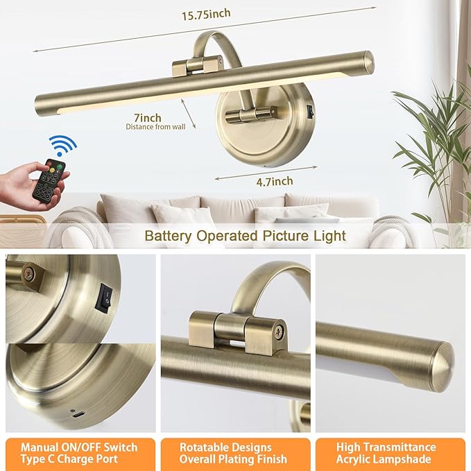 Picture Light for Wall, Battery Operated Art Light, Picture Frame Light with Remote & Timer, Cordless Wall Light with 3 Colors Modes for Pantings, Photo Gallery(Antique Bronze, 15.7inch)