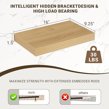 16 Inch Floating Shelves, 3D Textured Wood Grain, 16"x9.25"x1.5" Inch Deep Floating Shelves for Wall, Wooden Shelves for Bathroom, Bedroom, Living Room, Natural, 2 Pieces
