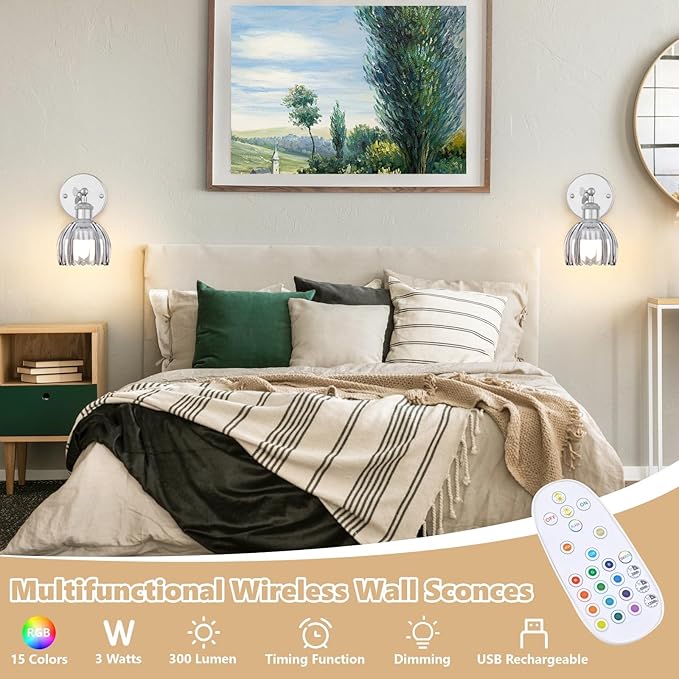 Vintage Battery Operated Wall Sconce, Smoky Gray Tulip Glass Lampshade Wireless Rechargeable Battery Powered LED Wall Light with Remote Dimmable for Bedside Bedroom Living Room, Silver, Set of 2