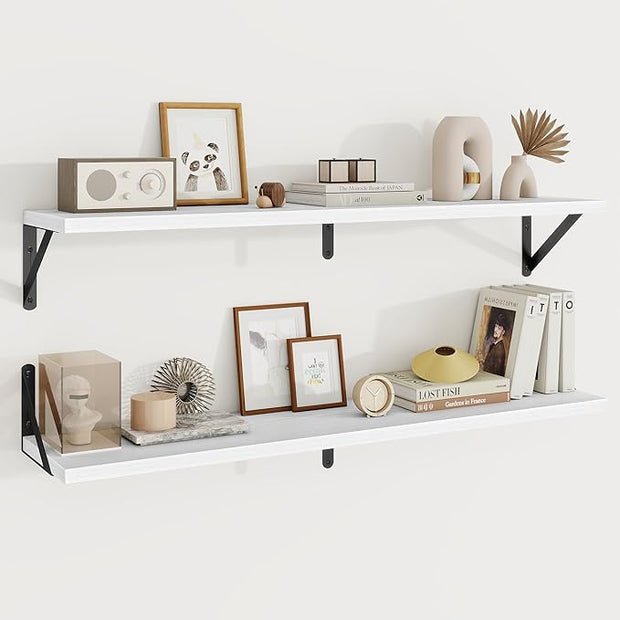 Floating Shelves, 8 Inch Deep Rustic Wood Wall Storage, 36W x 8D Wall Shelves Set of 2, Heavy Duty Metal Brackets, Industrial Book Shelf for Living Room, Kitchen, Bathroom, Bedroom, White