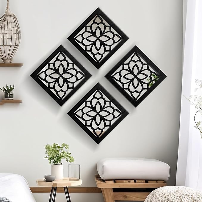 2 PCS Square Wall Mirror,Rustic Farmhouse Wall Mirrors,12 inch Small Mirror Art (style2 Black)