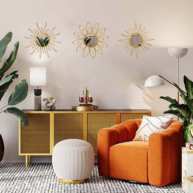 Mirror Wall Decor Gold Mirrors for Wall Metal Sunburst Mirrors Home Decoration Wall Art Decorative Mirror Suitable for Living Room Bedroom Entrance Set of 3
