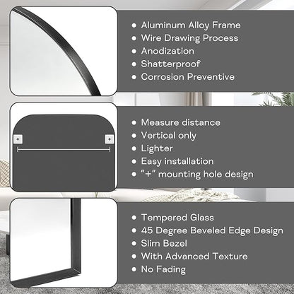 Modern Large Wall Mirror, Modern Mantel Minimalist Home Decor, Brushed Black Metal Framed Arched Mirror for Living Room, Bedroom, Fireplace, Mantle, Entryway, Bathroom, 48" x 30", Black